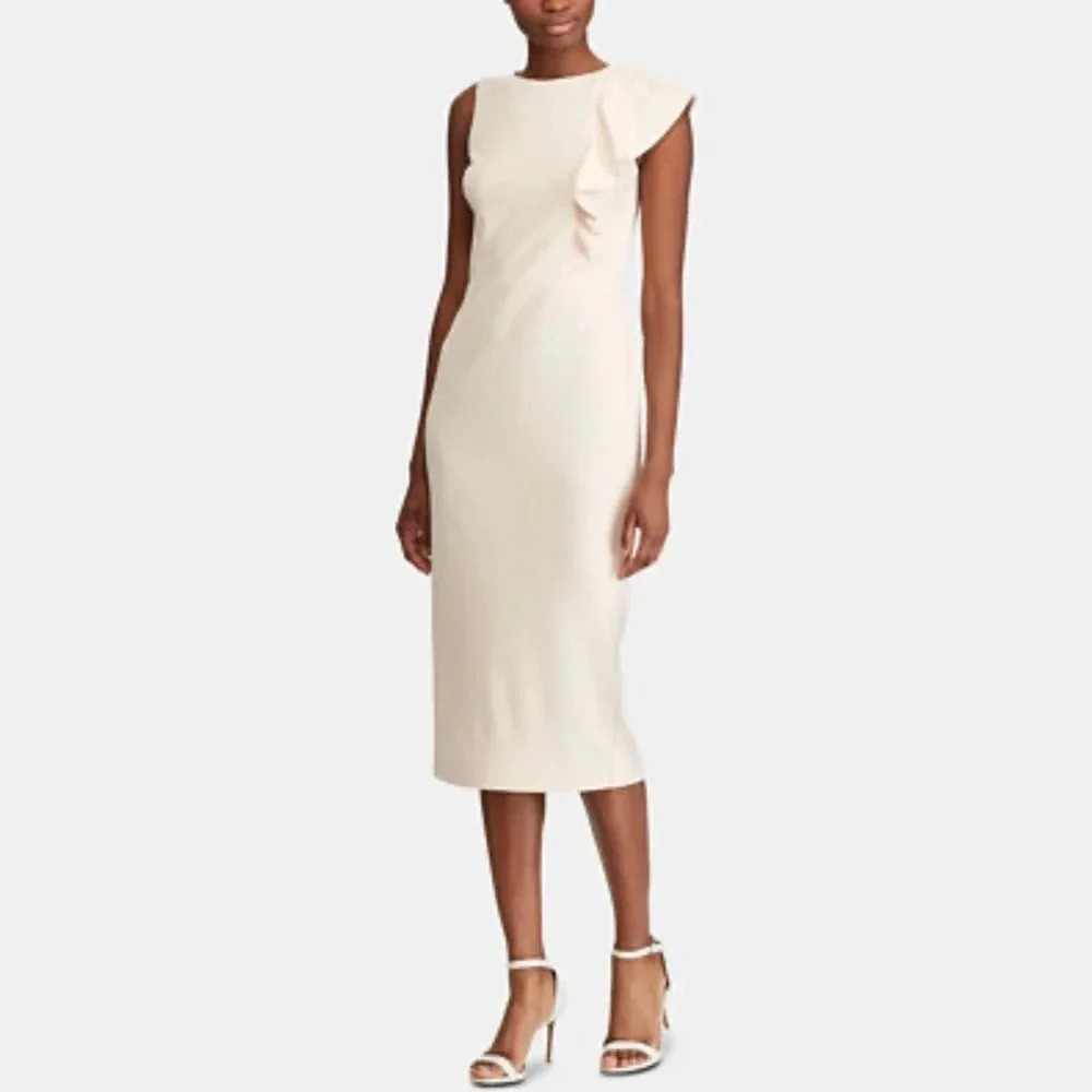 Lauren Ralph Lauren Size 4 Light Pink Ruffle-Trim Crepe Dress NEW!
